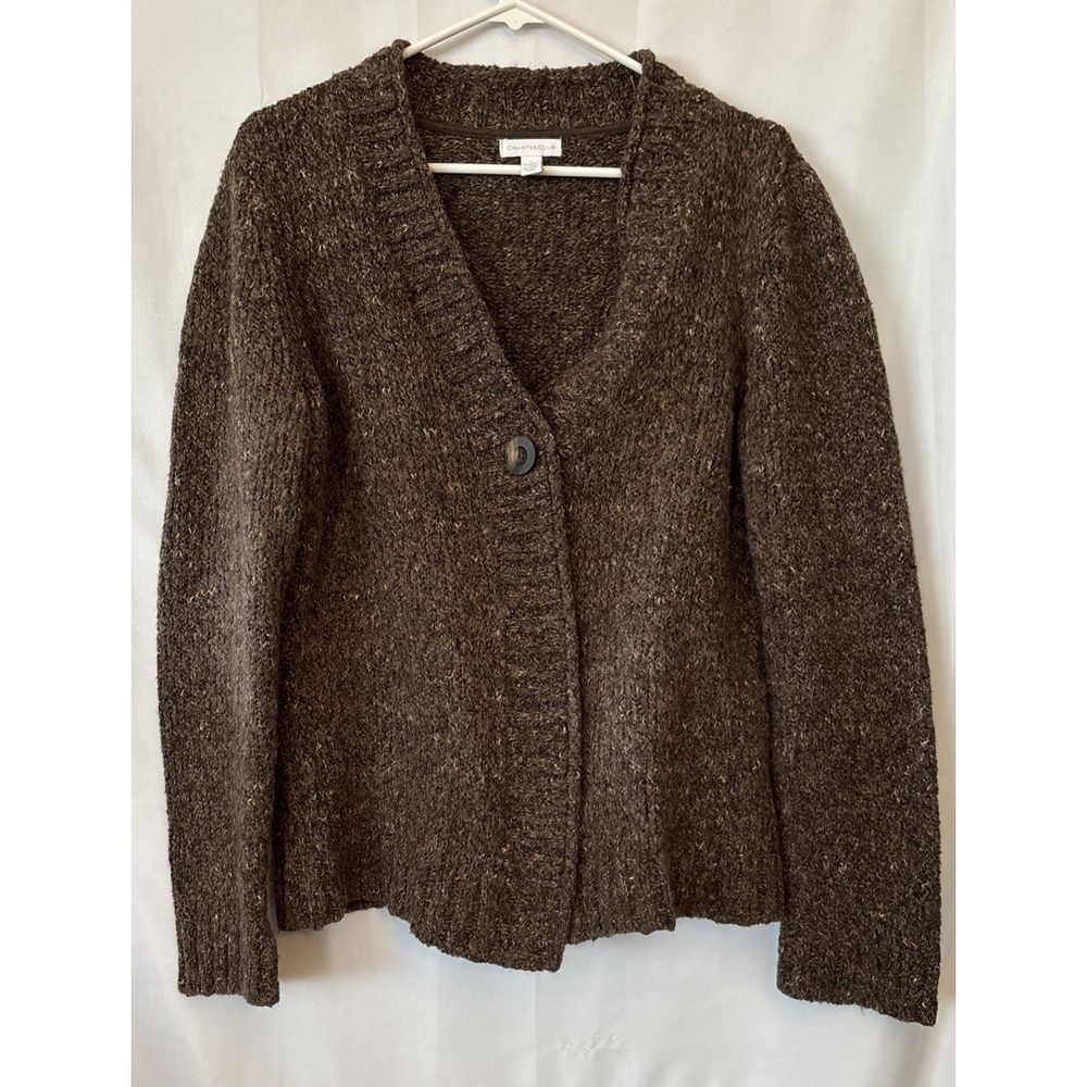 Charter Club Sweater Women's Large Brown V-Neck Marbled Textured Knit One Button